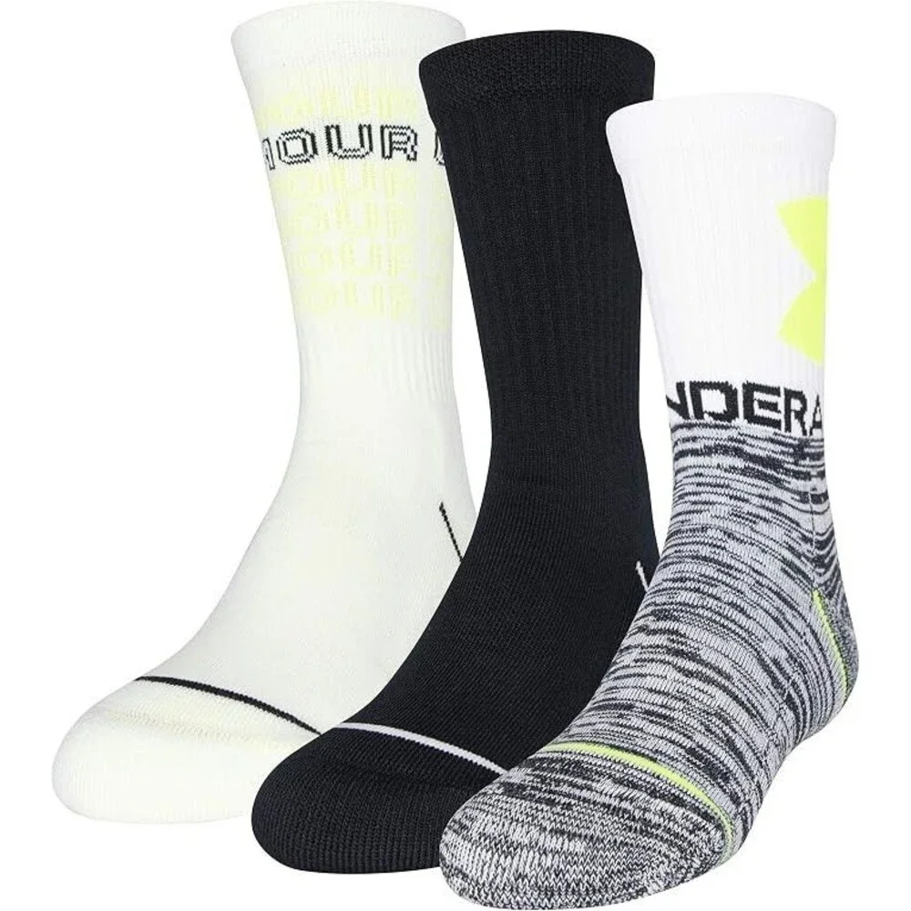 Under Armour UA Phenom Cushioned Crew Socks Youth 4Y - 8Y 3 Pack Yellow Boys New